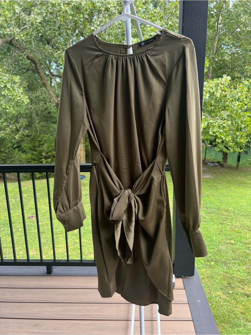 Olive Tie-Waist Long Sleeve Satin Dress